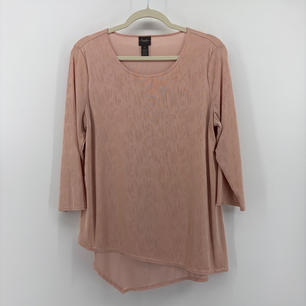 Chicos Travelers Women's M Rose Gold Shimmer Top 3/4 Sleeve Asymmetrical Layered